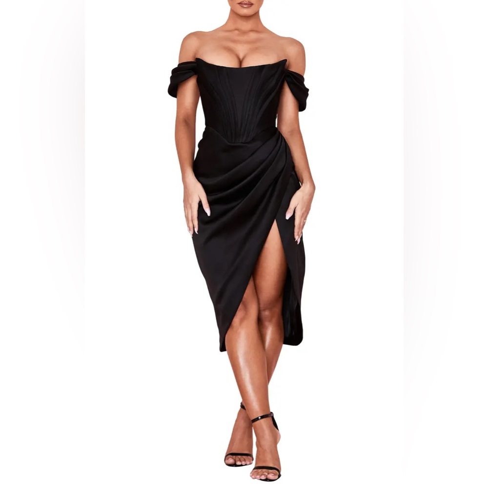 House of CB Loretta Black Off-Shoulder Draped Midi Dress